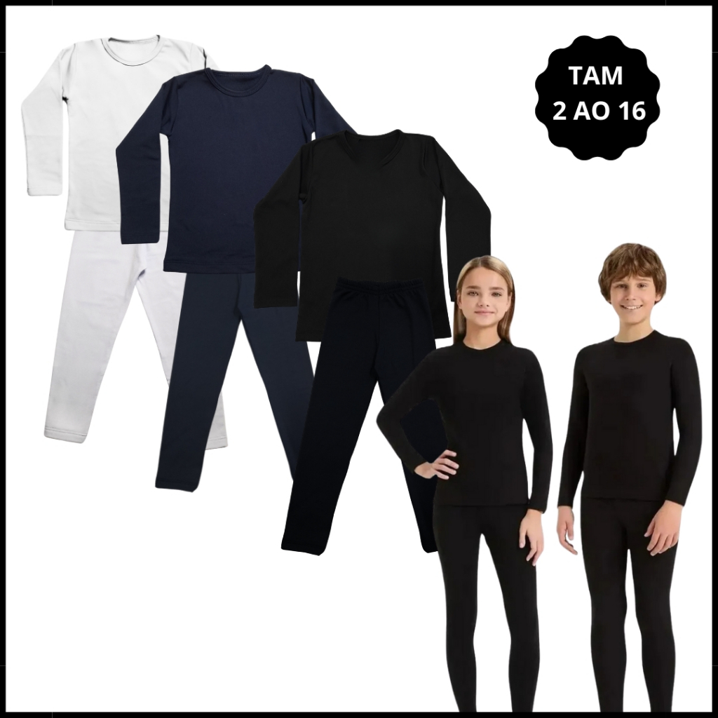 Kit 2 Conjuntos Térmico Infantil Segunda Pele Infantil Flanelado Liso Inverno 1 ao 16 em Oferta na Shopee