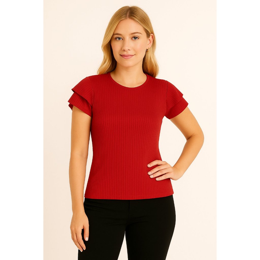 Blusa Feminina Vermelha Canelada com Manga Babado – Básica, Estilosa e Confortável