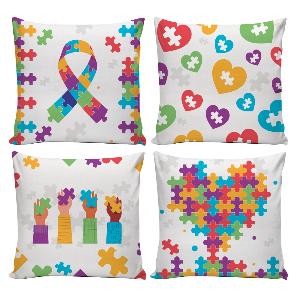 Kit 04 Capas de Almofadas Inclusão & Amor 0,45cm x 0,45cm Homenagem ao Autismo com Cores e Coração