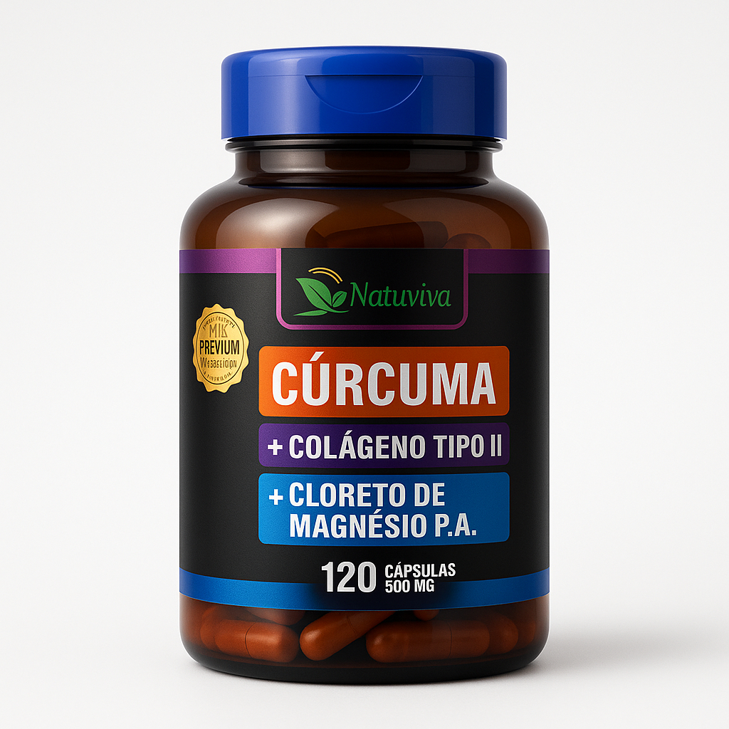 CÚRCUMA + COLÁGENO TIPO II + CLORETO DE MAGNÉSIO P.A. | Natuviva Premium | 120 Cáps 500mg