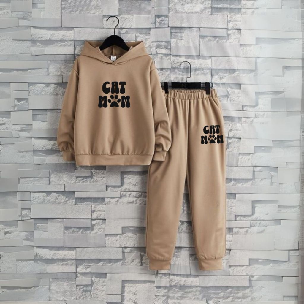 Kit Moletom Capuz + Calça Flanelados Conjunto Feminino Cat Mom Inverno Tendência