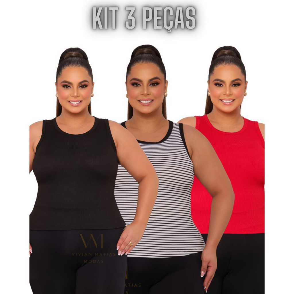 Kit 3 Blusa Regata Feminina Canelada Listra e Lisa Ribana Premium Básica Casual Barata