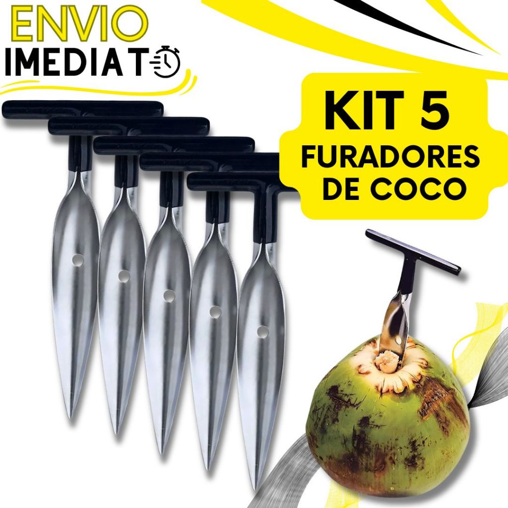 KIT 5 Furador Abridor de Coco Profissional Aço Inox Perfurador Manual Fura Coco Pegador Resistente para Casa Praia
