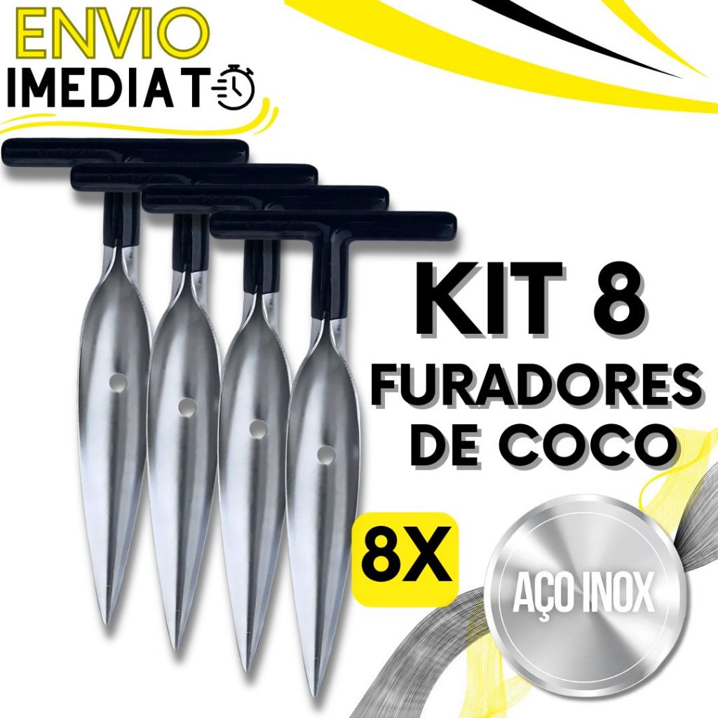 KIT 8 Furador Abridor de Coco Profissional Aço Inox Perfurador Manual Fura Coco Pegador Resistente para Casa Praia