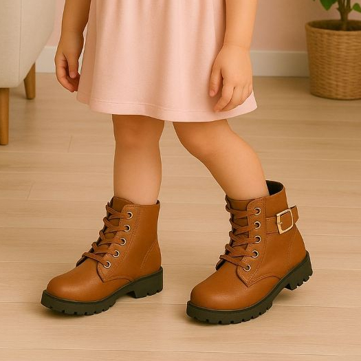 Bota Coturno Feminino Confortavel Menina Fivela Cabarço Marrom Caramelo