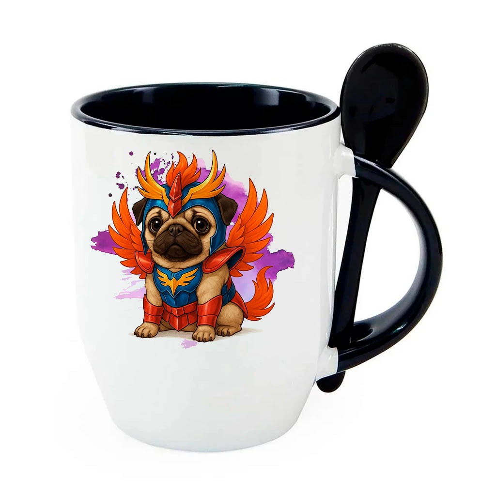 Caneca COM COLHER Pug Ikki Fenix Cavaleiros Presente Fofo personalizado COM NOME 355ml - 25020