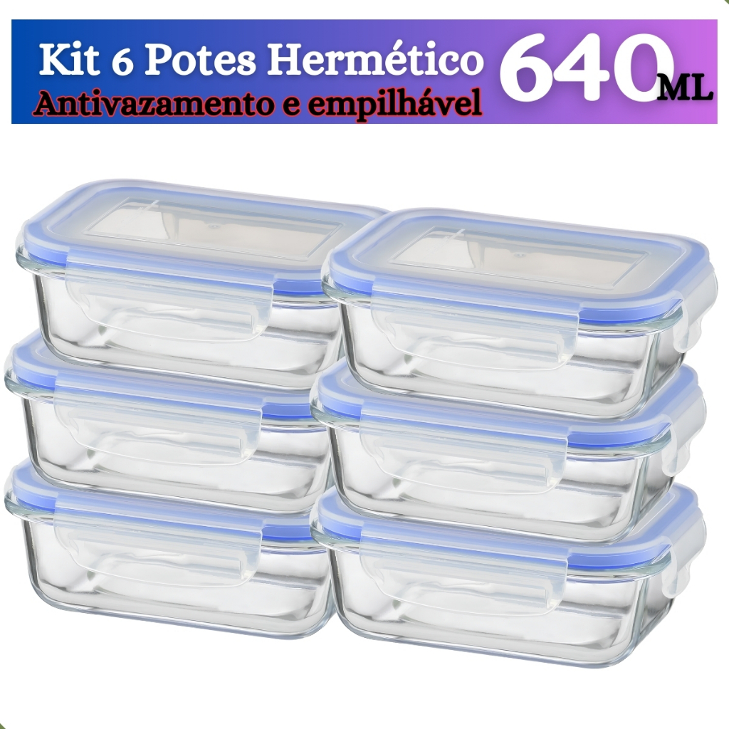 Conjunto 6 Potes de Vidro Marmita Hermético 640 ml com tampa e travas