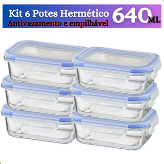 Conjunto 6 Potes de Vidro Marmita Hermético 640 ml com tampa e travas em Oferta na Shopee