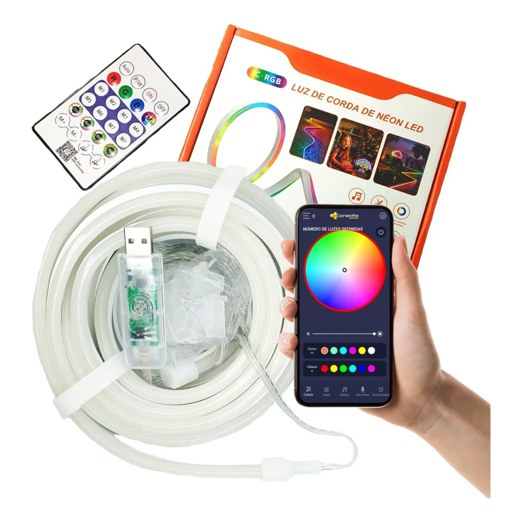 Fita Neon 5V 5M IC RGB Digital APP Smart Controle Remoto Slideshow Com Tomada USB Decoração Casa LED