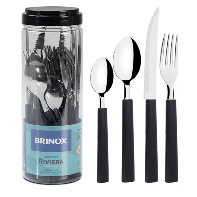 Faqueiro Riviera em Aço Inox 24 Peças Preto Brinox em Oferta na Shopee