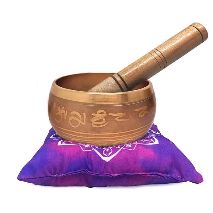 Imagem Tigela Tibetana Orin 7 Metais Sagrados 13cm Cinza + Almofada Som Terapia Meditação Yoga Budismo Energia Zen