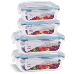 Kit 4 Potes Vidro Hermético 2 de 370ml e 2 de 640ml Marmita Fit Marmitex Papinha tampa hermética