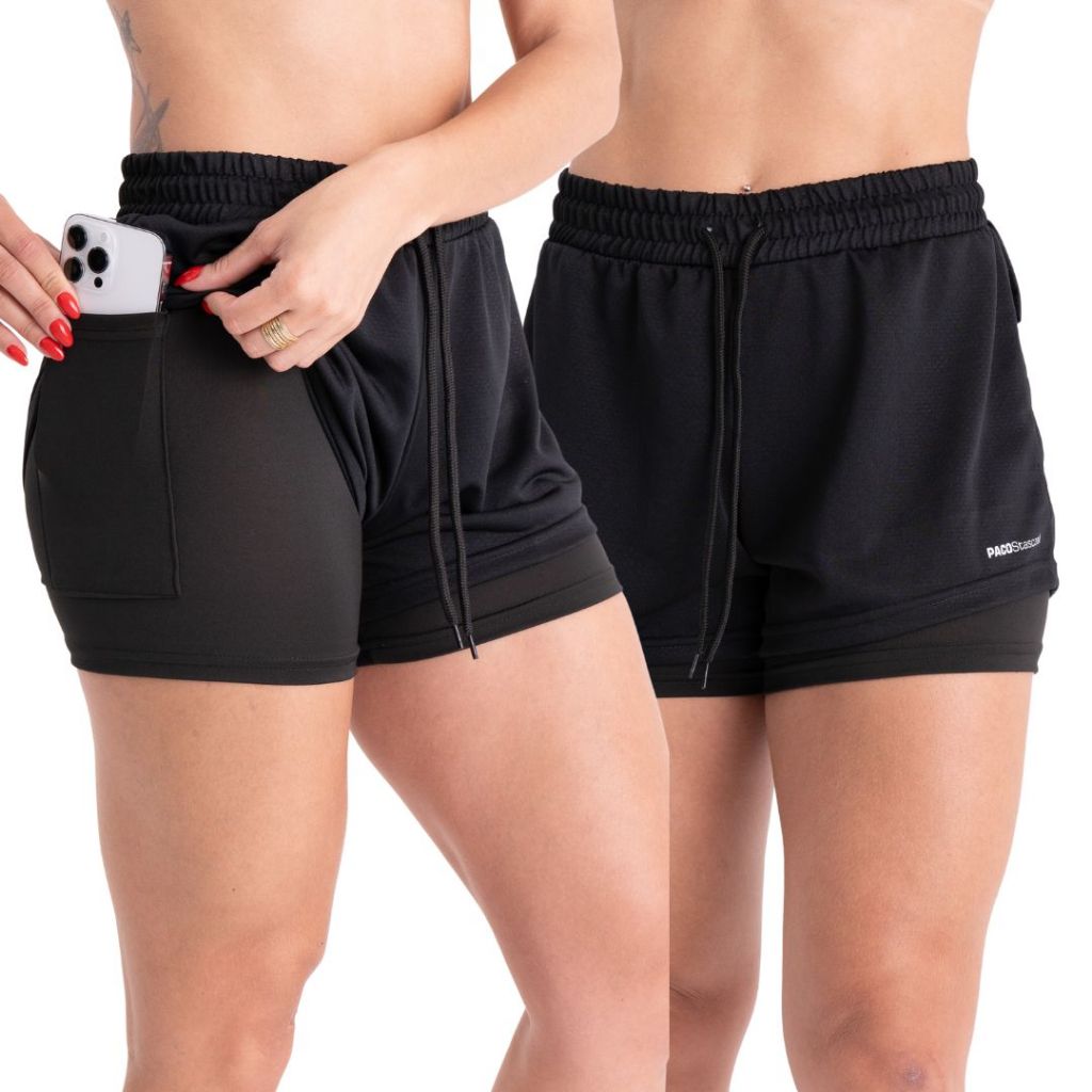 Shorts Feminino Academia Bermuda Dupla pra Corrida e Exercícios com Bolso Interno Cadarço ...