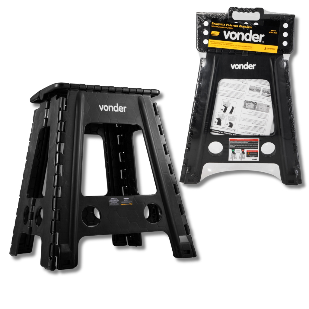 Banqueta Banquinho de Plástico ABS Dobrável 45cm Anti Derrapante Resistente até 150kg Preta Vonder em Oferta na Shopee
