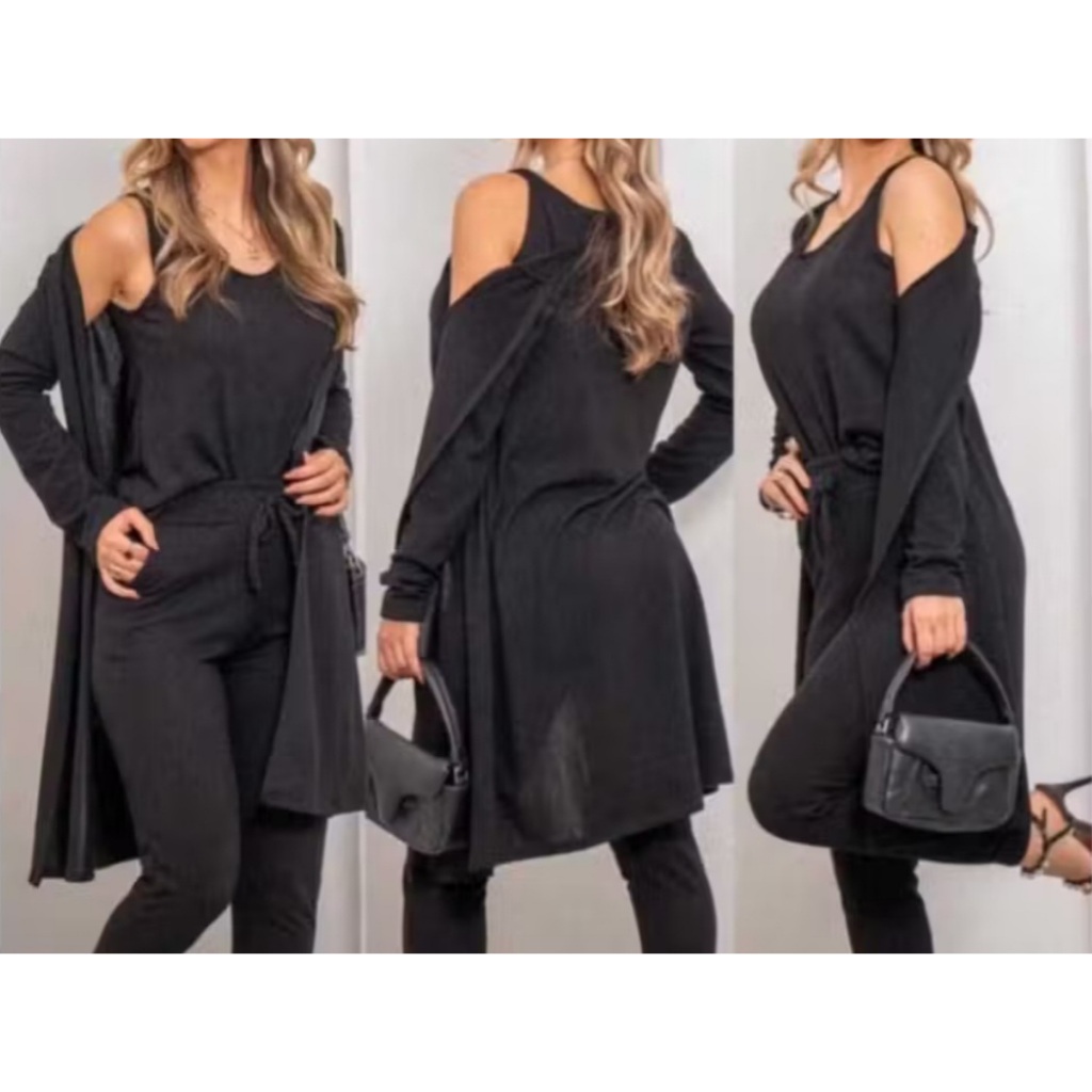 Conjunto feminino lanzinha 3 peças calça regata e cardigan outono inverno