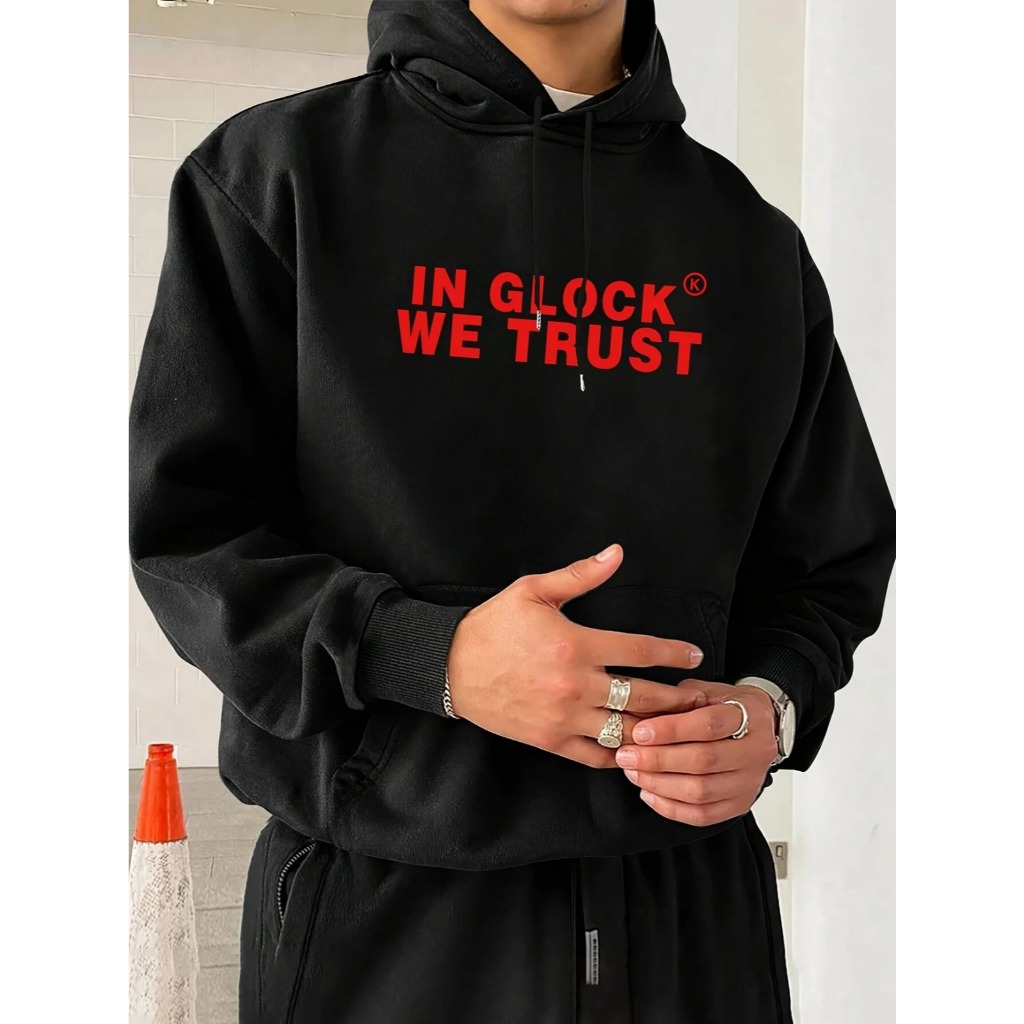 Moletom com capuz estampado gráfico ``In Glock We Trust´´ e cordão, blusa de moletom casual Unisex no inverno e outono