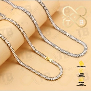 TB Colar Gargantilha Feminina Folheada Ouro 18K Corrente Dourada Cravejada com Cristais CZ Luxuoso