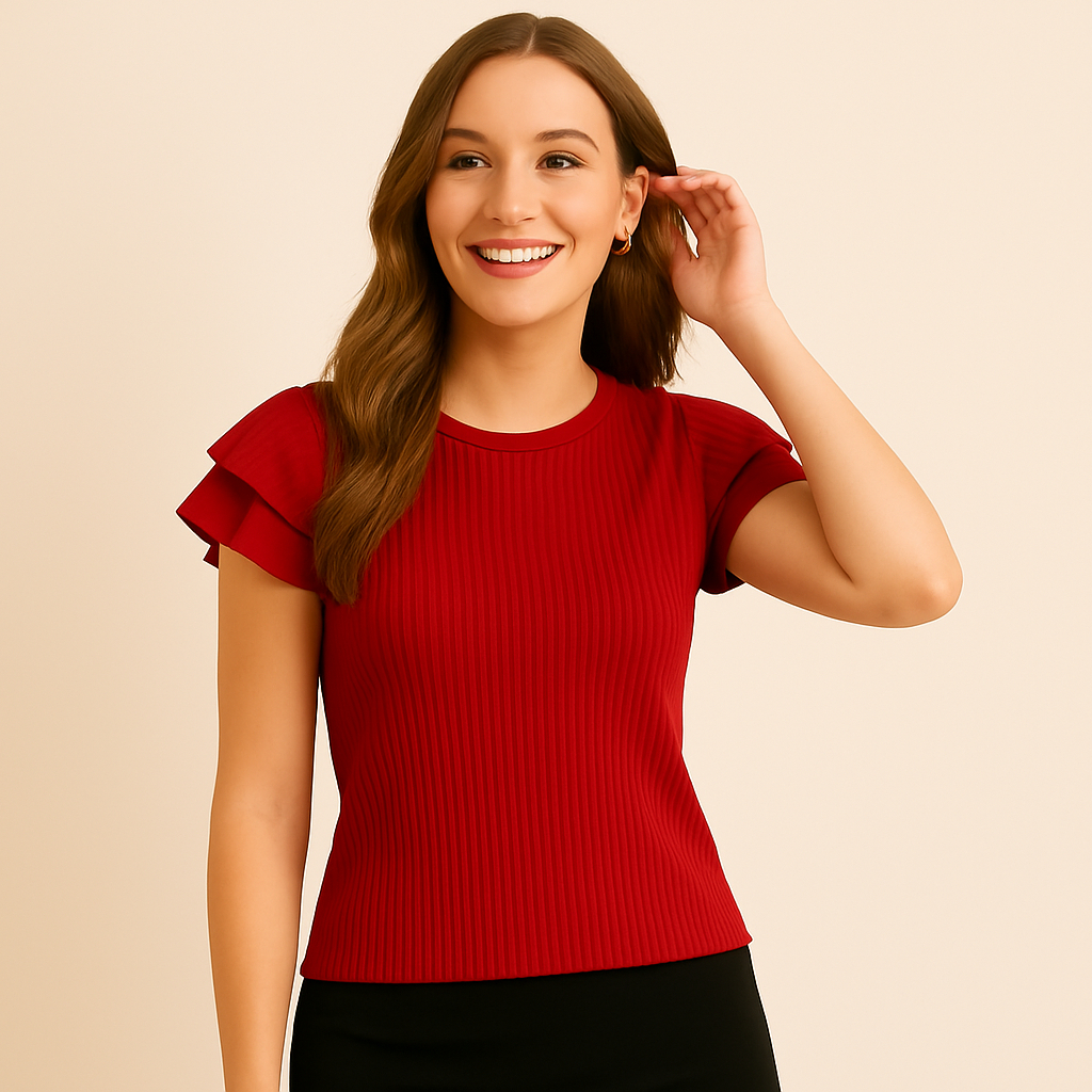 Blusa Feminina Vermelha Canelada Manga em Camadas – Elegante, Versátil, Elasticidade e Confortável