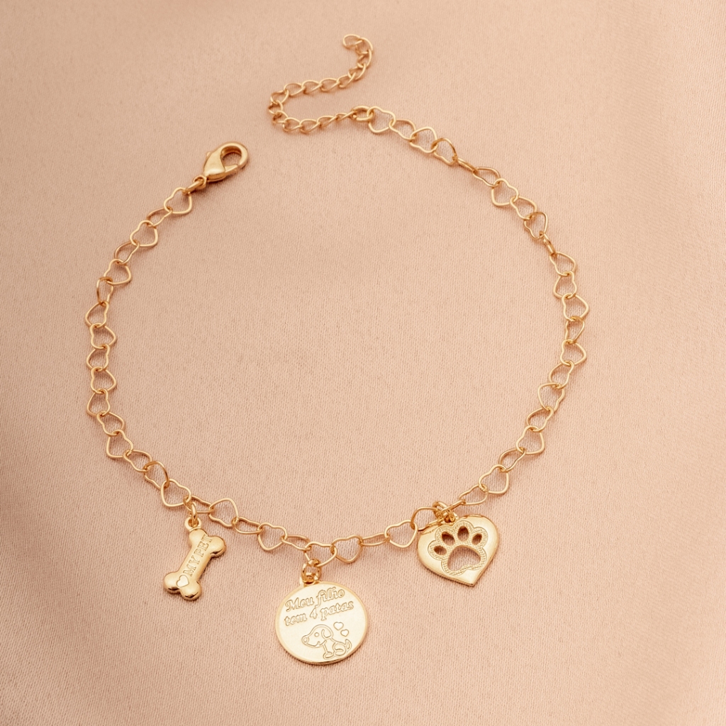 Pulseira Dourada Mãe de Pet com Pingentes Temáticos, Banhada a Ouro 18k, Para Apaixonadas por Pets