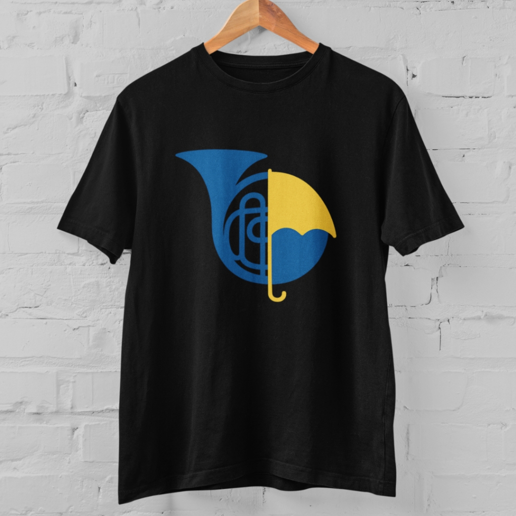 Camisa Série Como eu Conheci sua Mãe Desenho Minimalista trompa azul e guarda-chuva amarelo Tshirt 100% Algodão
