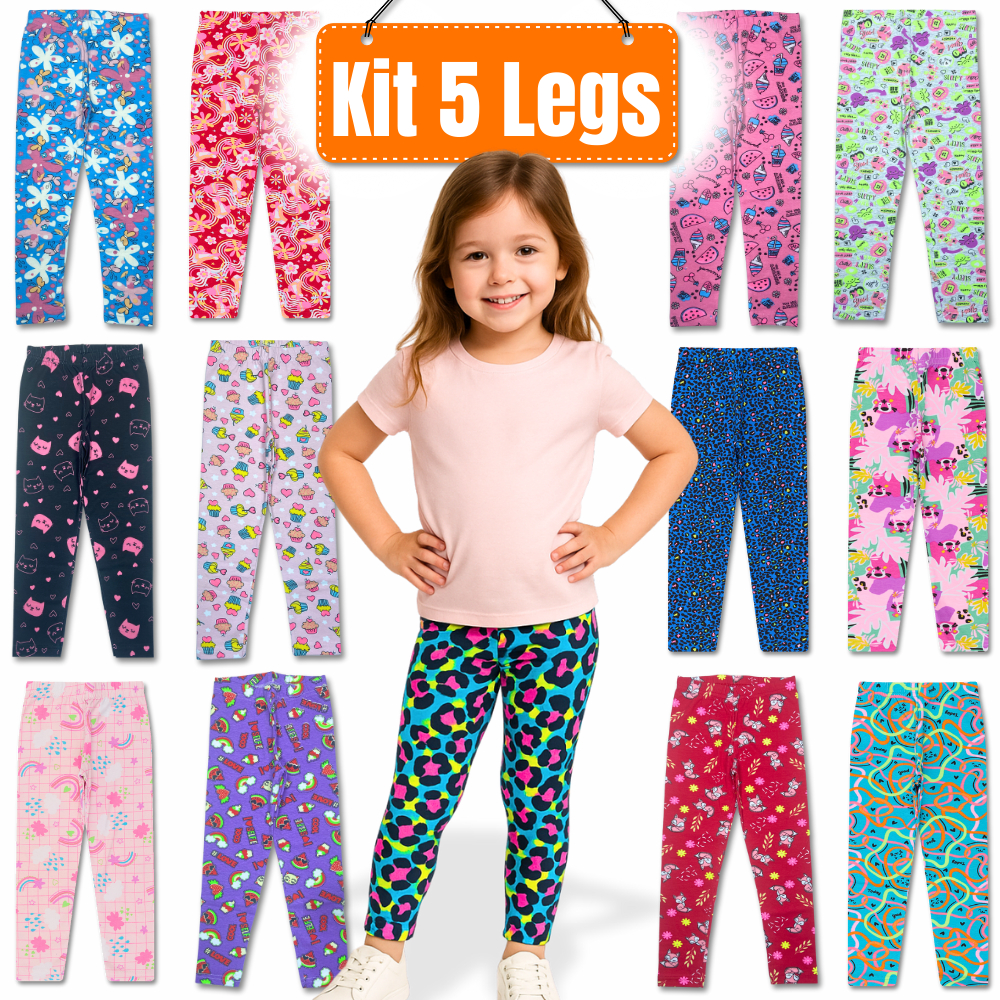 Kit 5 Calça Legging Infantil Feminina Cotton, Leg Estampada Menina Algodão, Tamanho 1 ao 12, Sortida