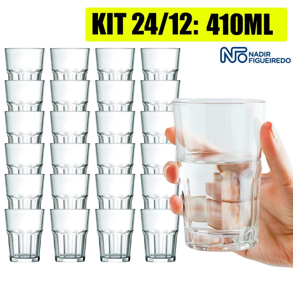 KIT 24/12 Copos Bristol Long Drink Vidro Canelado 410ml Resistente Drink Vitamina Suco Restaurante