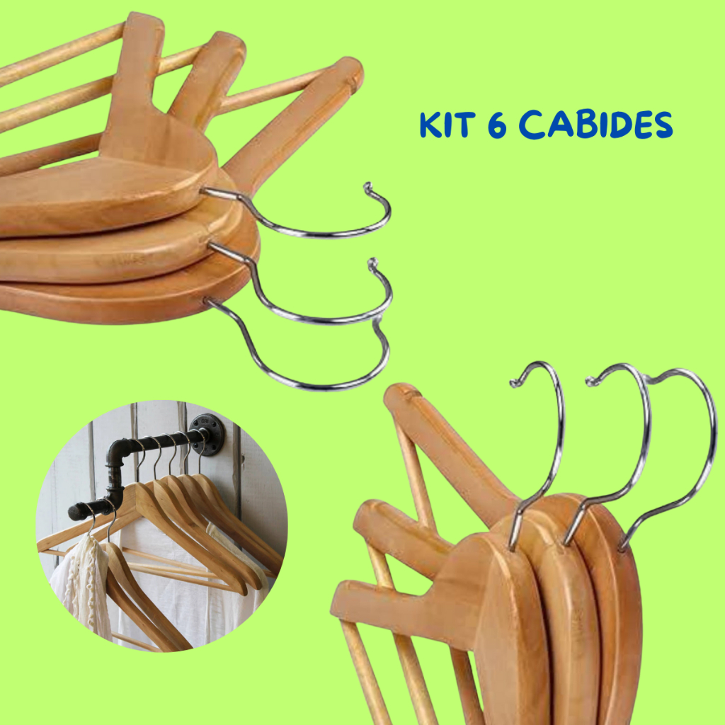 Kit 6 Unidades Cabides De Madeira com Verniz Roupeiro Guarda Roupa Organização Pendurar Calças Camisas Camisetas Vestido