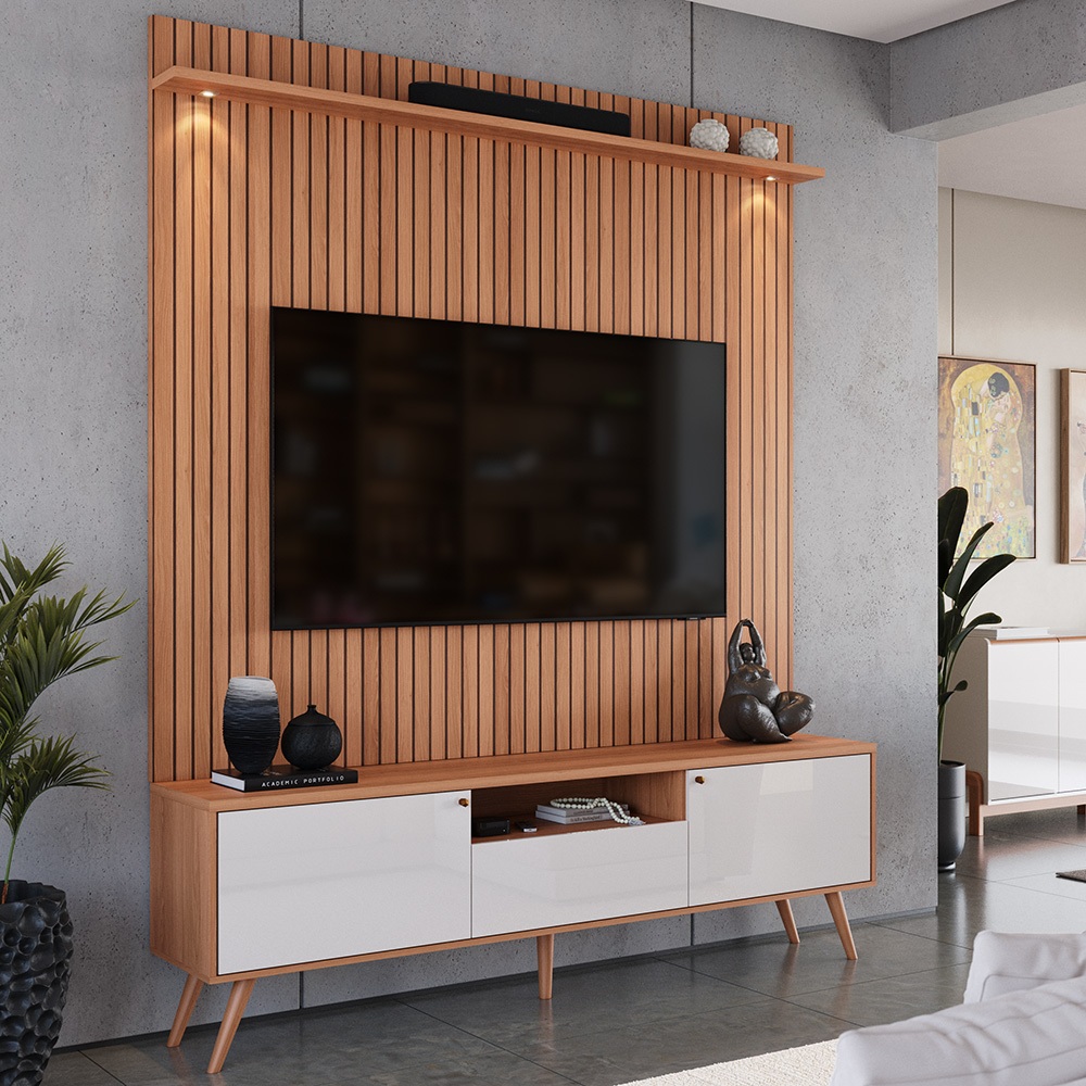 Painel para TV até 50 55 60 65 70 Polegadas Efeito Ripado 3d com LED 1,83m Jequitibá River Lukaliam
