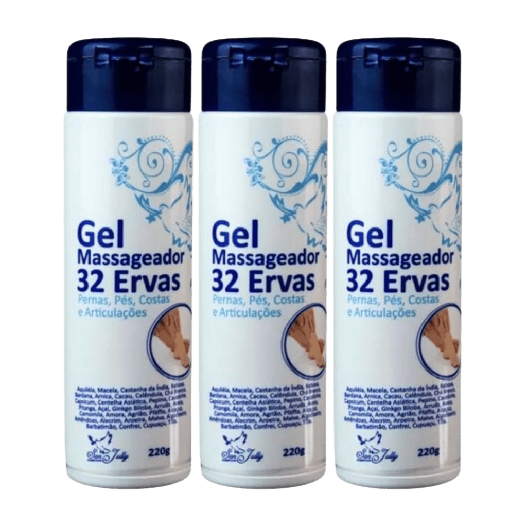 Kit 2 ou 3 Géis Massageadores 32 Ervas San Jully 220g | Alívio Muscular, Relaxamento e Refrescância em Oferta na Shopee