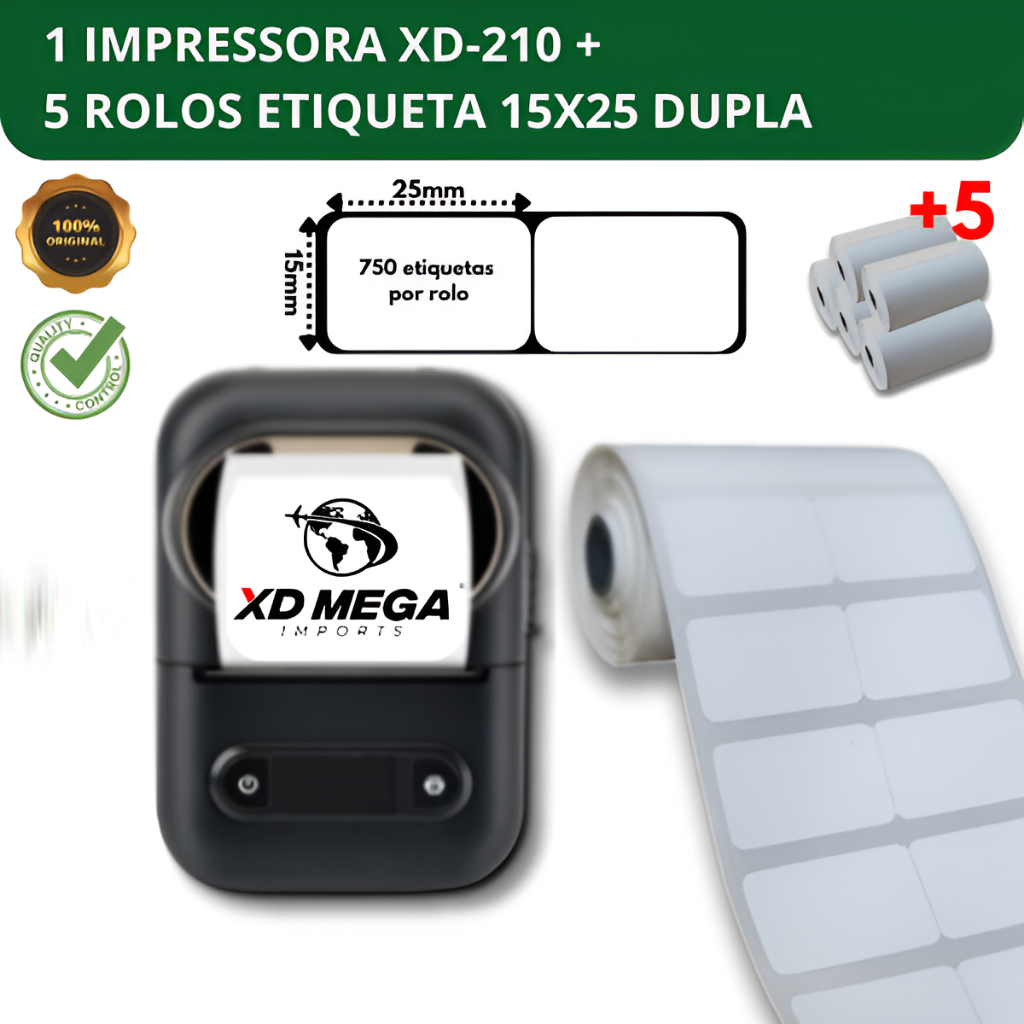 1 impressora bluetooth XD-210 + 5 rolos etiqueta 15x25 dupla em Oferta na Shopee