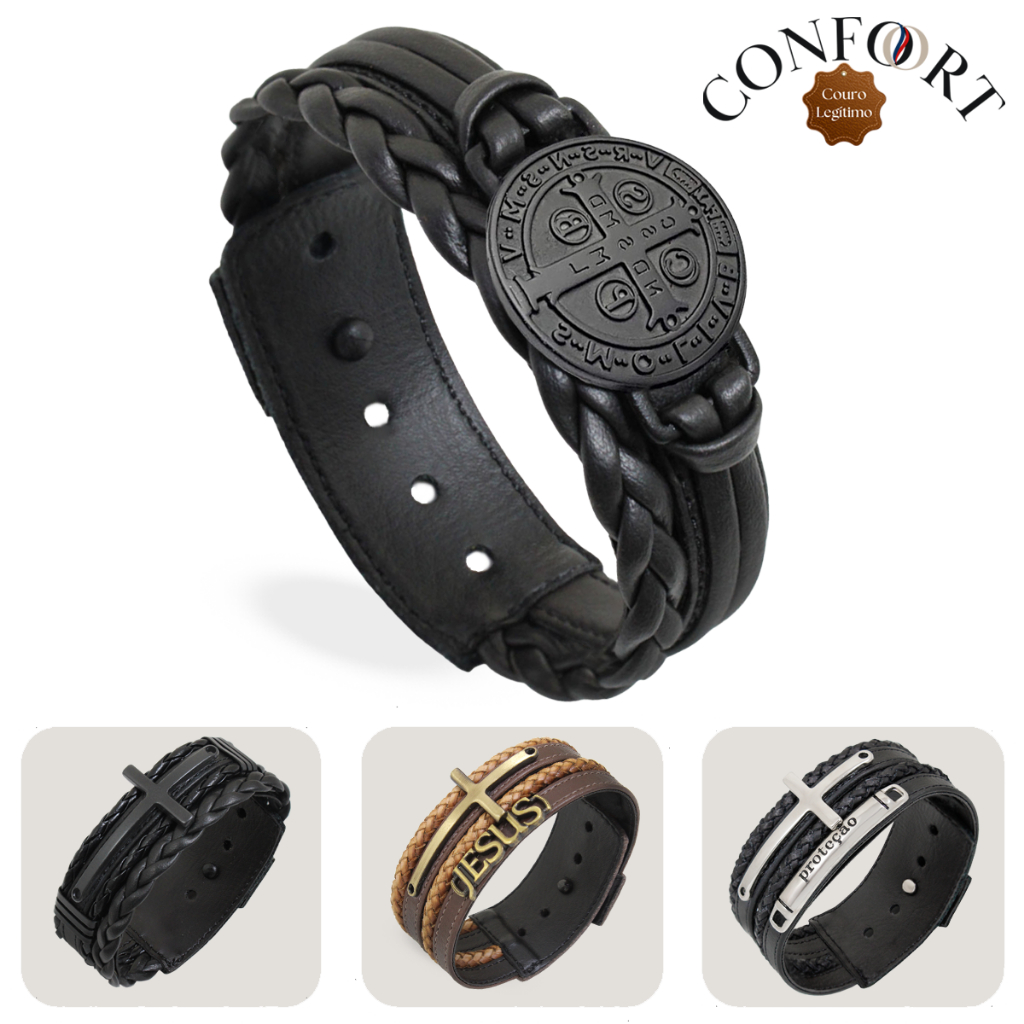 Pulseira de Couro Masculina Country Ajustável São Bento Proteção Espírito Santo Cruz Vários Modelos em Oferta na Shopee