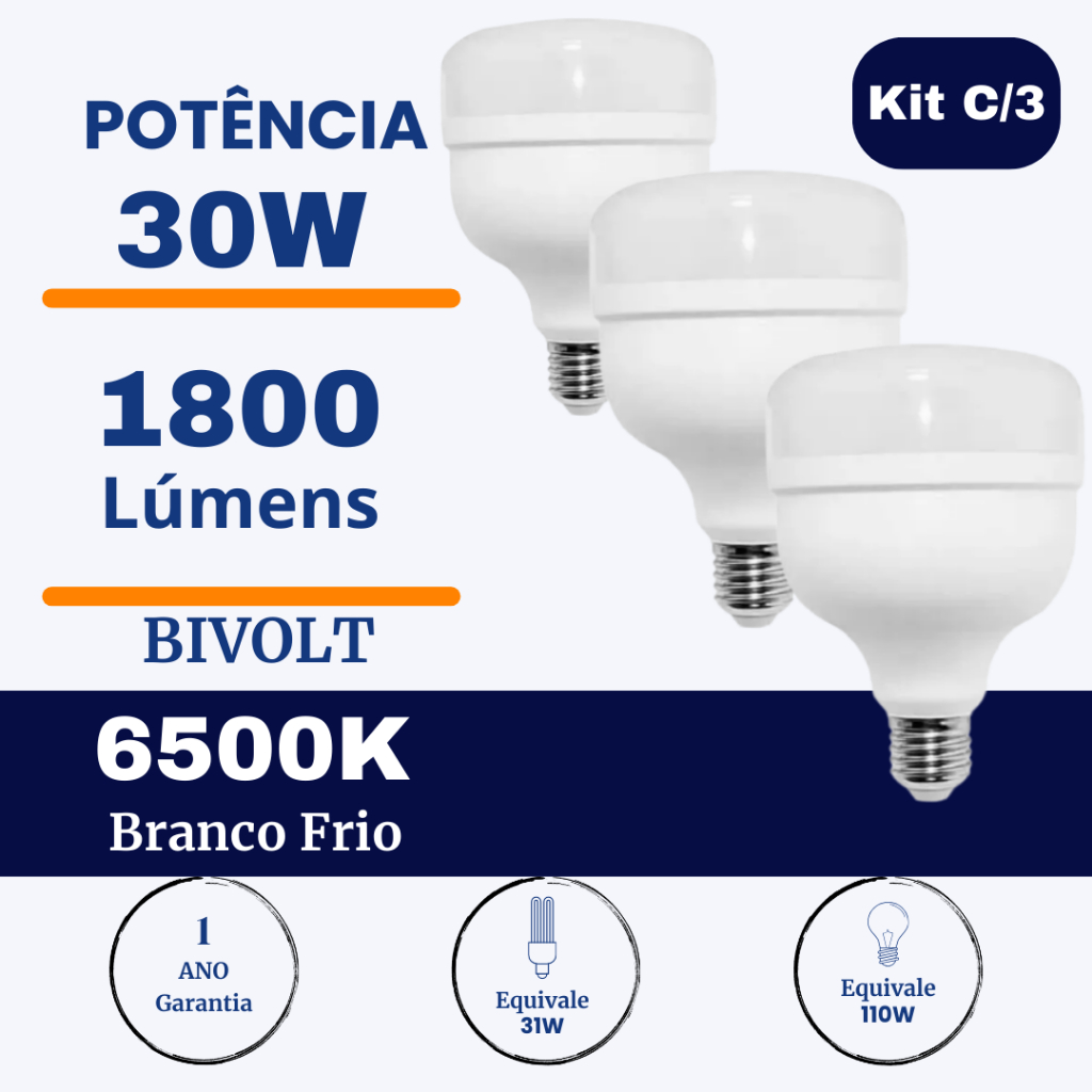Kit 3 Lâmpadas Bulbo LED 30W Branco Frio 6500K em Oferta na Shopee