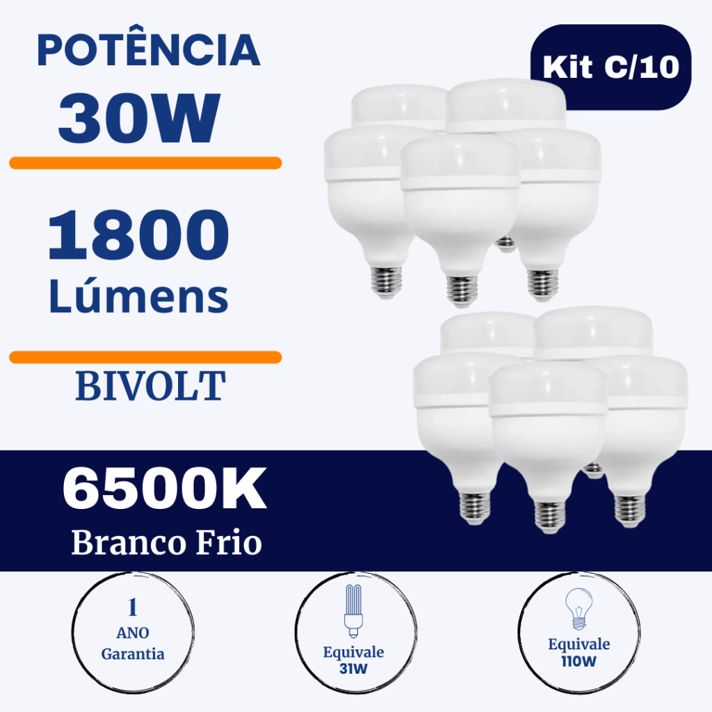 Kit 10 Lâmpadas Bulbo LED 30W Branco Frio 6500K