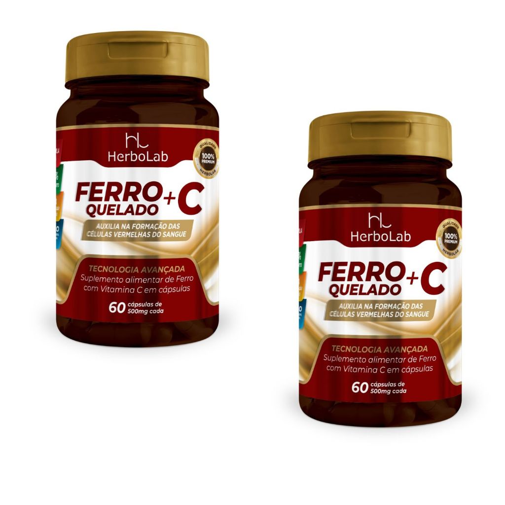 Kit 2 potes de Ferro quelado + Vitamina C em cápsulas - 60 Cápsulas