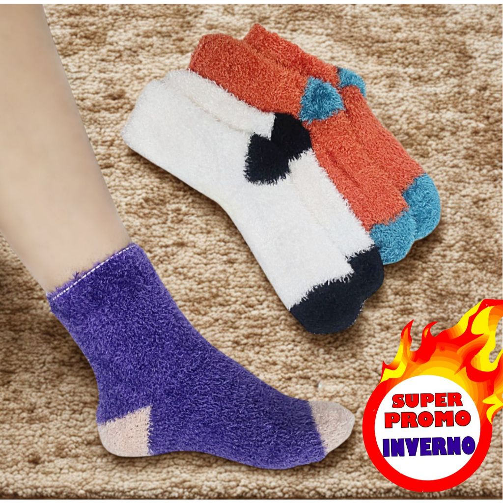 kit 3 pares de meia De Lã Felpuda Grossa Para Frio Quente Inverno Peluciada,  meias confortáveis promo  quentinha
