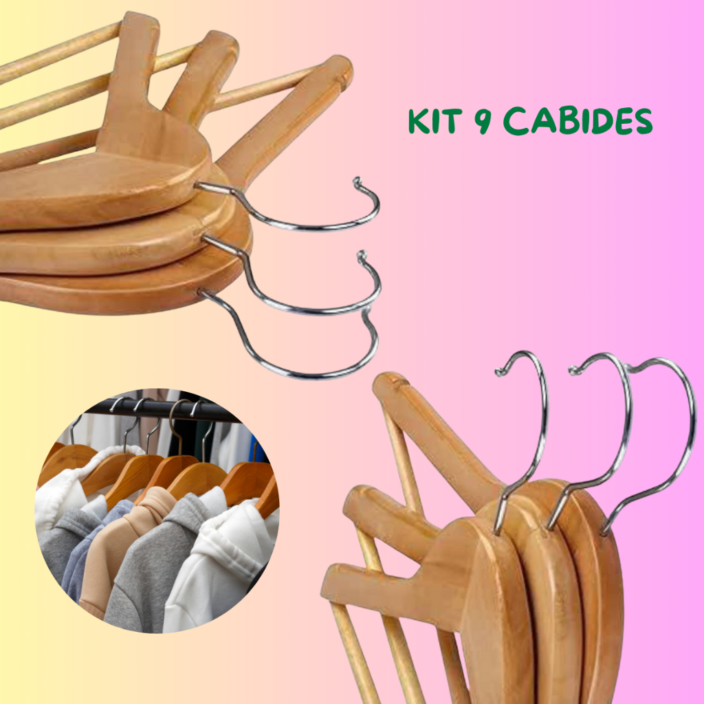 Kit 9 Unidades Cabides De Madeira com Verniz Roupeiro Guarda Roupa Organização Pendurar Calças Camisas Vestido Camisetas