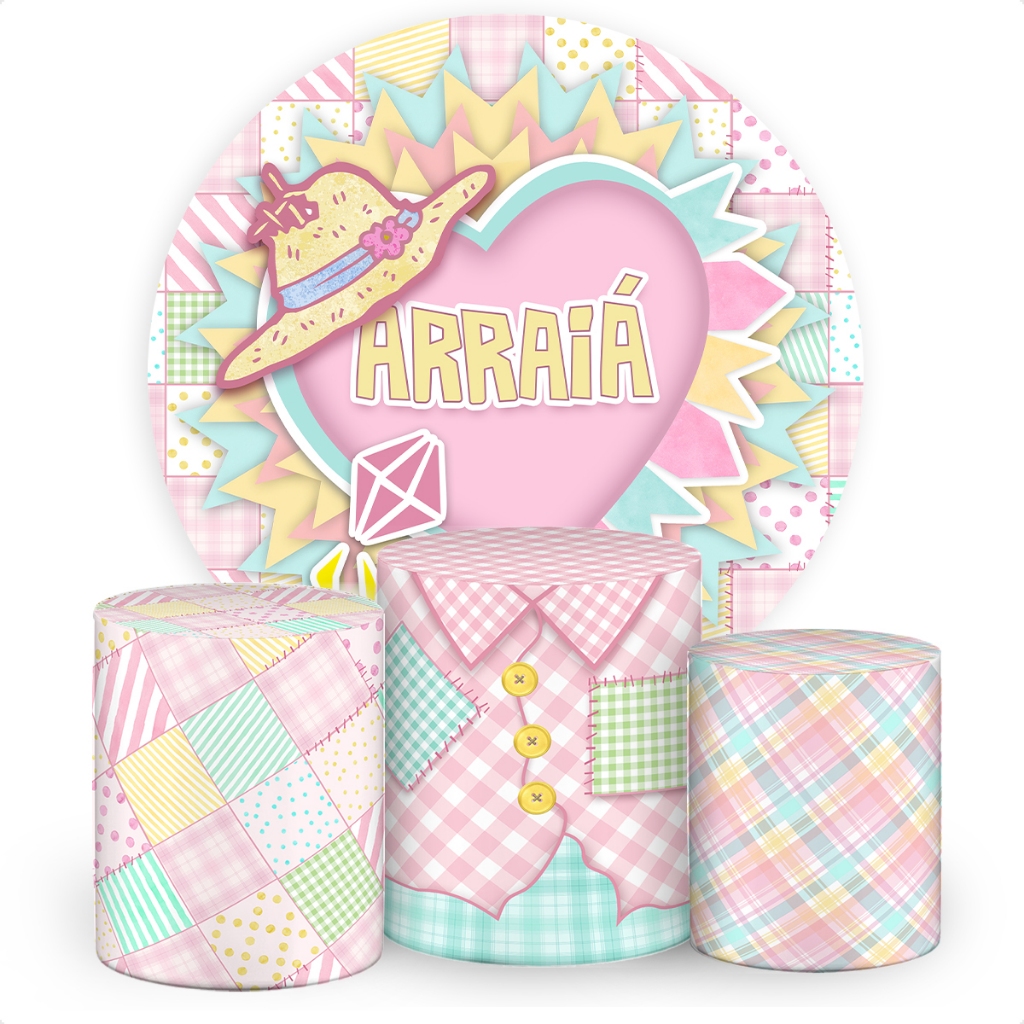 Kit Painel Redondo + Trio Capas De Cilindro de Festa Junina Arraiá Rosa Veste Fácil Tecido SKP-258