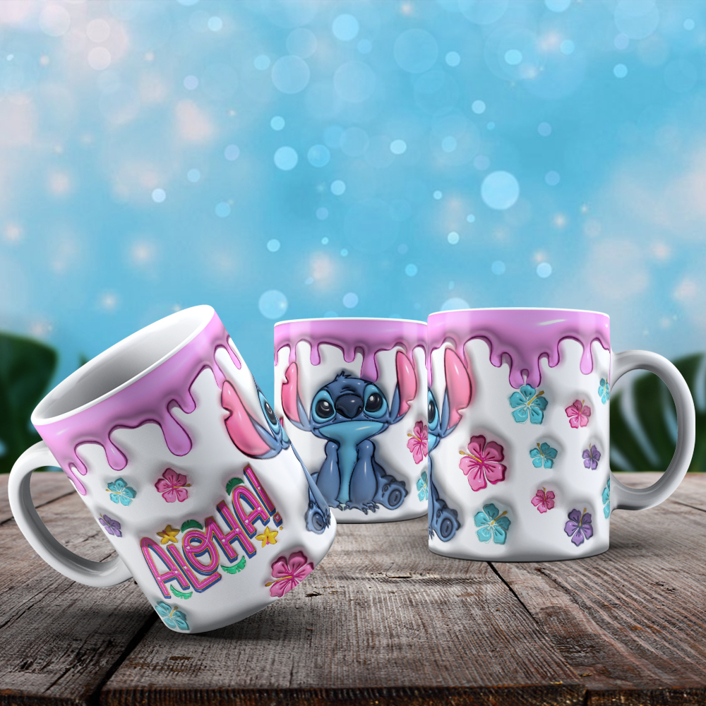 Caneca Xícara Personalizada Lilo e Stitch Disney Efeito 3D Porcelana 325ml Presente