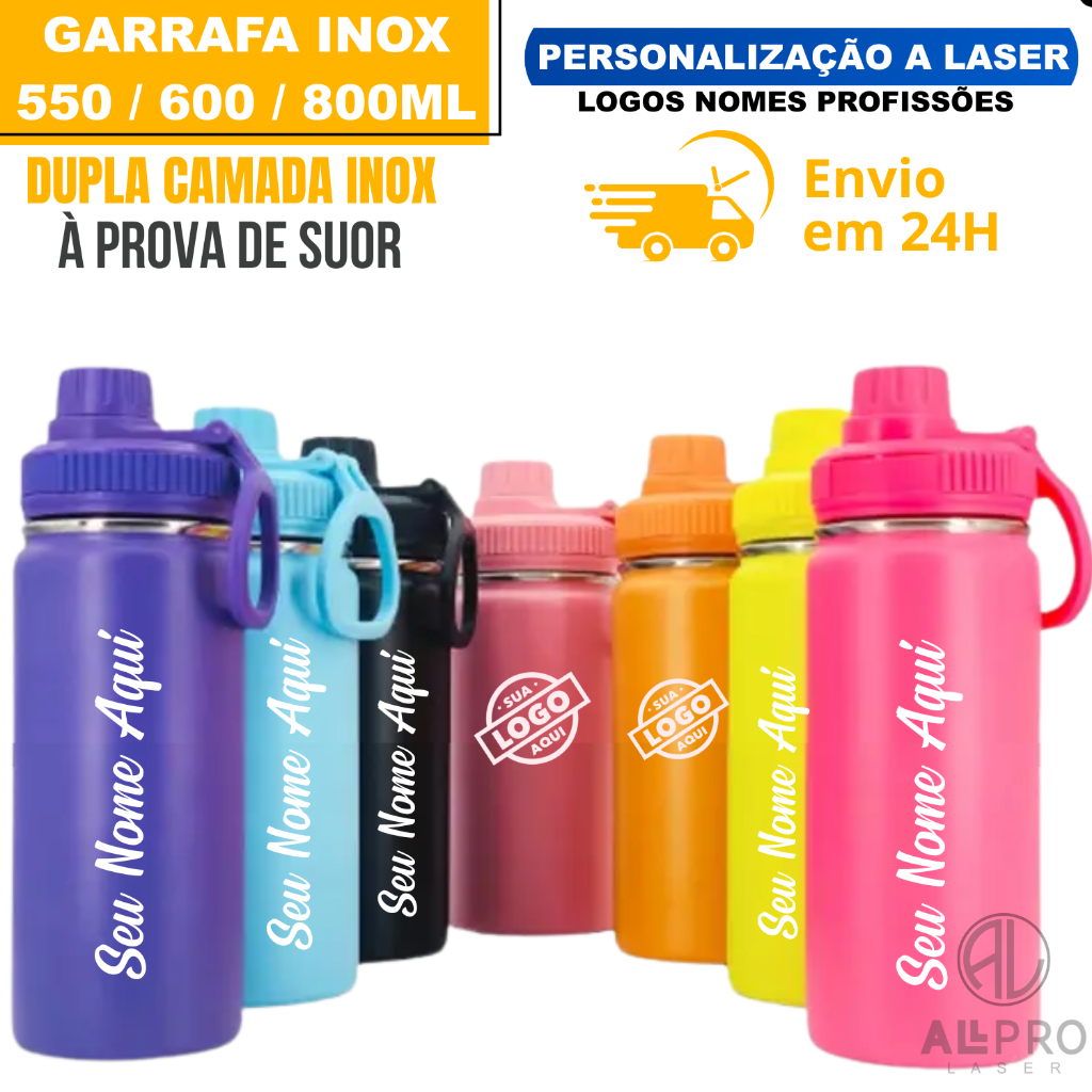 Imagem Garrafa Térmica 550ML / 600ML / 800ML Aço Inox Gravação a Laser Desenhos Nomes Signos