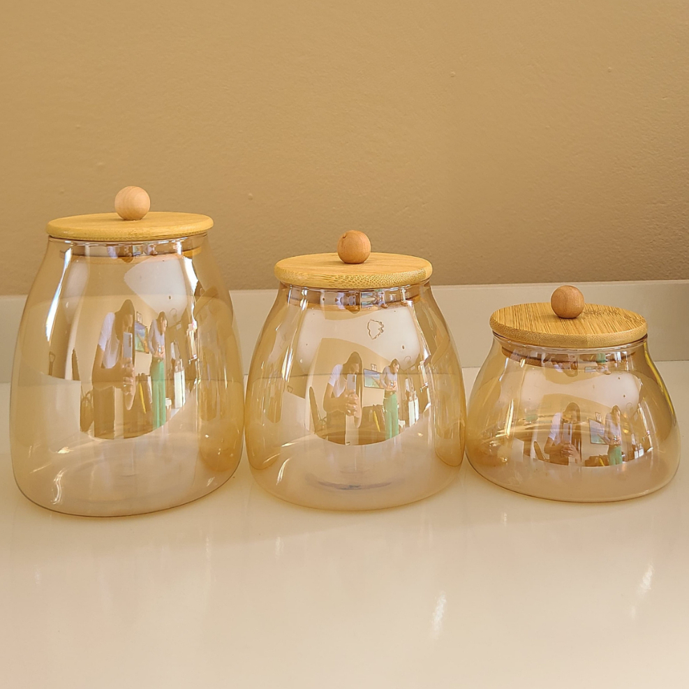 Kit Potes de Vidro com Tampa Bambu Dourado ÂMBAR BOLINHA Hermético Porta Mantimentos or...