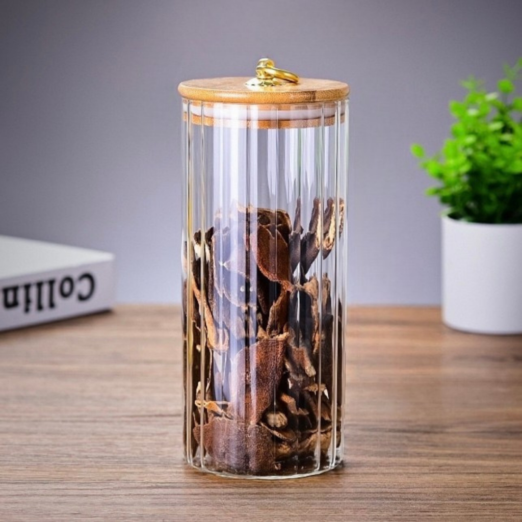 Pote de Vidro CANELADO G TRANSPARENTE Porta Mantimentos Hermético Tampa Bambu Argola dourada 1050ML