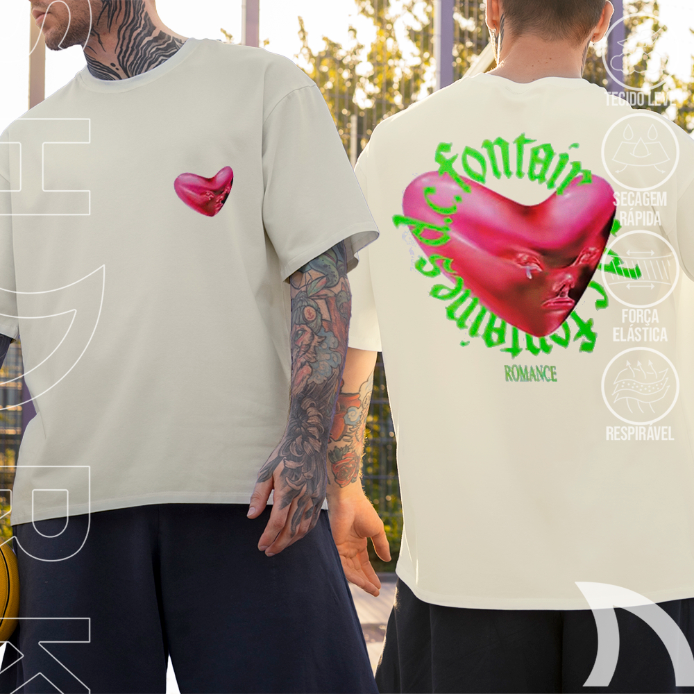 Camiseta Basica e OVERSIZED Fontaines D.C. Romance Heart Love Rock Vintage 90s Unissex