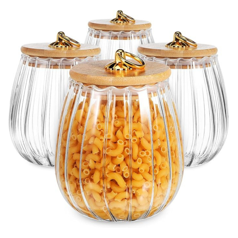 Pote Vidro Hermético BOLEADO CANELADO ARGOLA Dourada cozinha Tampa Bambu 600ML Porta Manti...