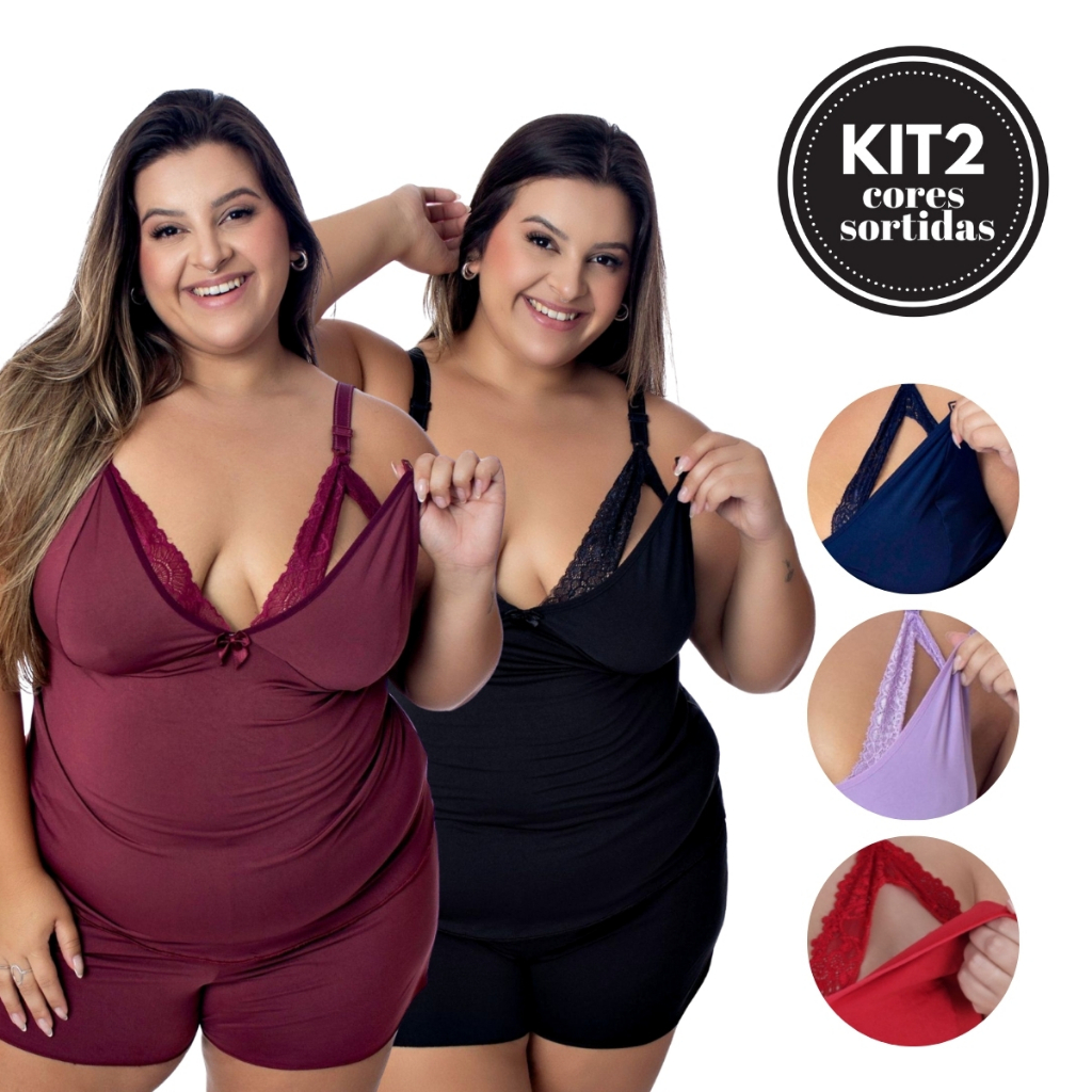 Kit 2 Baby Doll Amamentação Plus Size Pijama Maternidade Gestante Lactante pós parto abre fácil