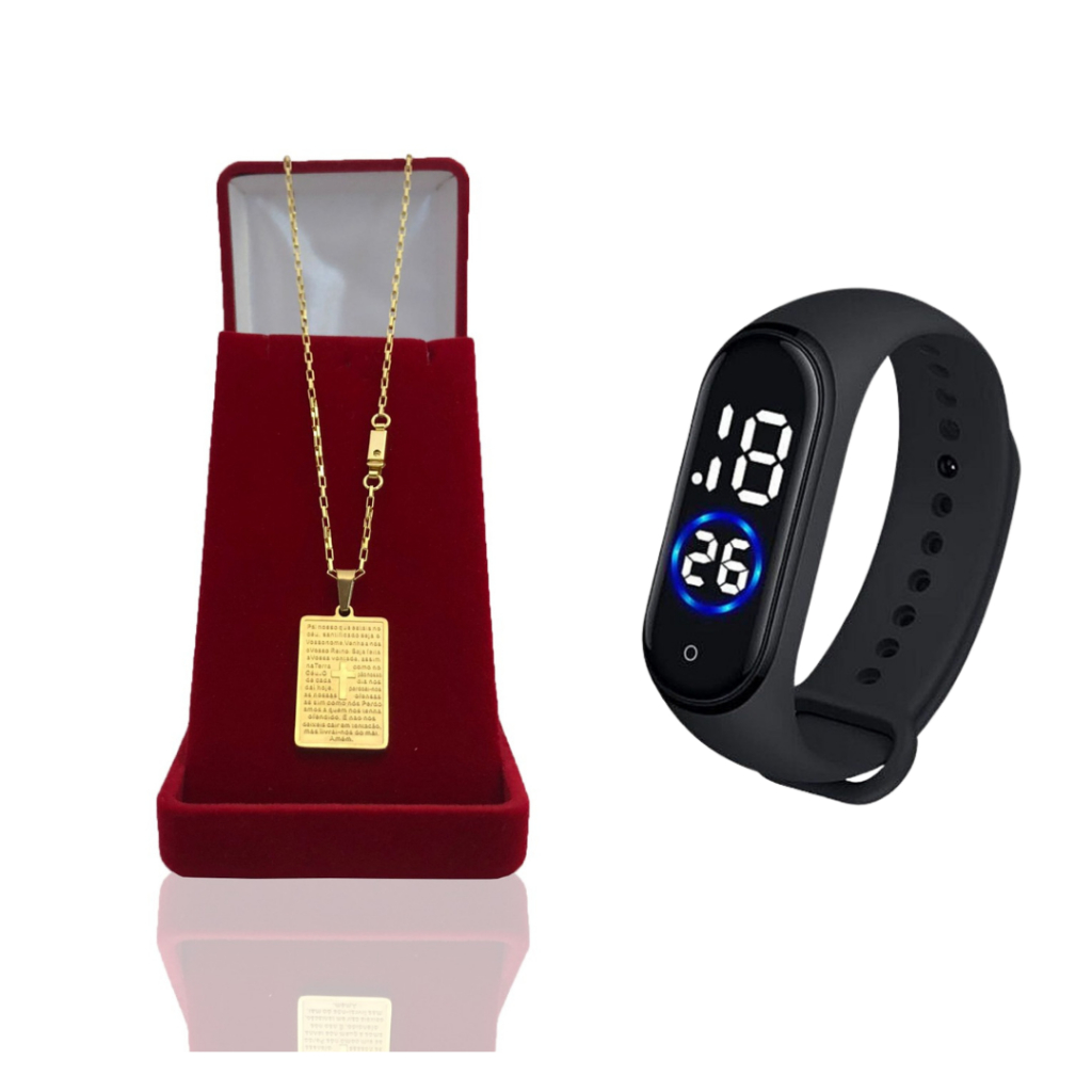 Conjunto Menino Infantil Colar Tijolinho + Pingente "Pai Nosso" Banhado Ouro 18k + Relógio Digital LED