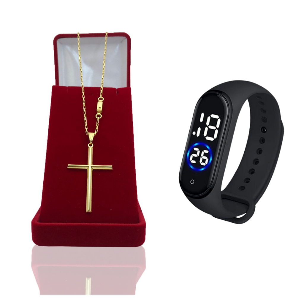 Cordão Infantil Menino Tijolinho + Pingente "Cruz Palito G" Banhado Ouro 18k + Relógio Digital LED