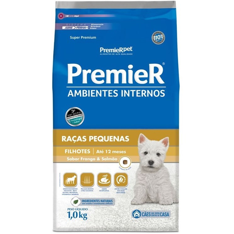 RAÇÃO PREMIER AMBIENTES INTERNOS CÃES FILHOTES PORTE PEQUENO FRANGO E SALMÃO 1KG