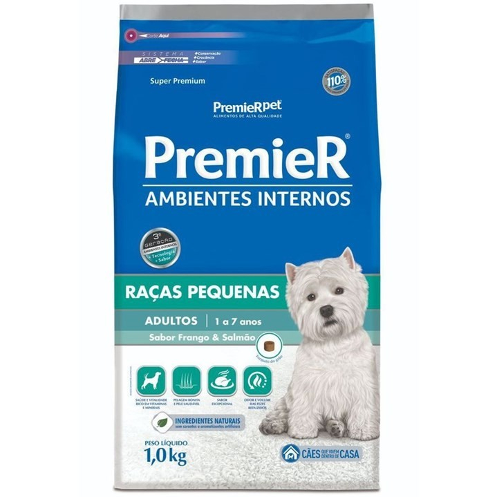 RAÇÃO PREMIER AMBIENTES INTERNOS CÃES ADULTOS PORTE PEQUENO FRANGO E SALMÃO 1KG