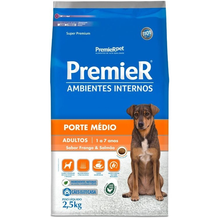 RAÇÃO PREMIER AMBIENTES INTERNOS CÃES ADULTOS PORTE MÉDIO FRANGO E SALMÃO 2.5KG