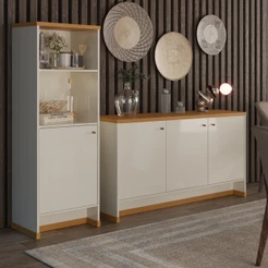 Conjunto Buffet Aparador Berlin Balcão 3 Portas Sala Jantar Estar Armário Livreiro